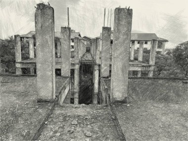 Terk edilmiş bina arkaplanının siyah beyaz çizimi