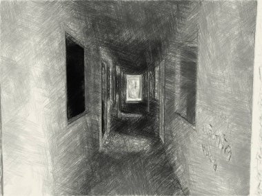 Terk edilmiş binanın siyah beyaz çizimi