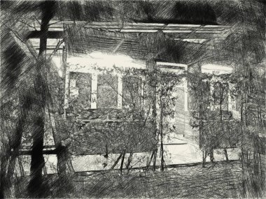 Gece bahçesinin arka planında siyah beyaz çizim