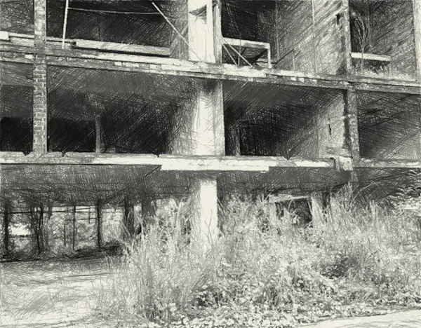 Τέχνη Σχέδιο Μαύρο Και Άσπρο Του Εγκαταλελειμμένου Κτιρίου Φόντο — Φωτογραφία Αρχείου