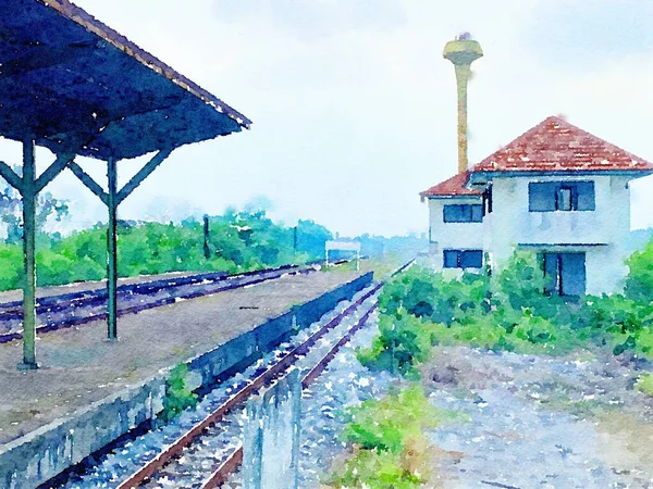 Arte Aquarela Estação Ferroviária Fundo — Fotografia de Stock