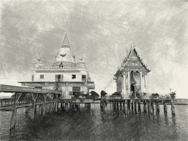Schwarz Weiß Zeichnung Des Tempels Thailand — Stockfoto