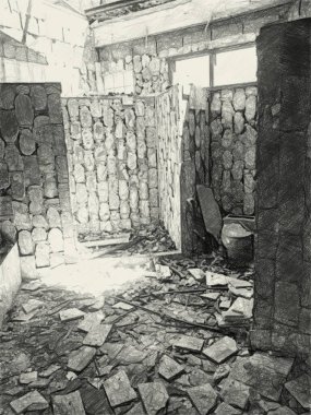 Terk edilmiş evlerin siyah beyaz çizimleri