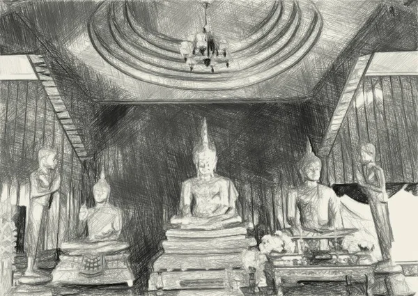 Művészet Rajz Fekete Fehér Buddha Szobor Nyilvános Templomban — Stock Fotó