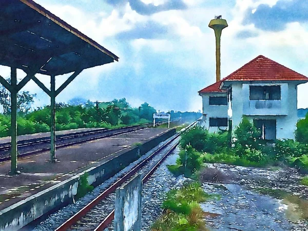 Arte Aquarela Estação Ferroviária Fundo — Fotografia de Stock