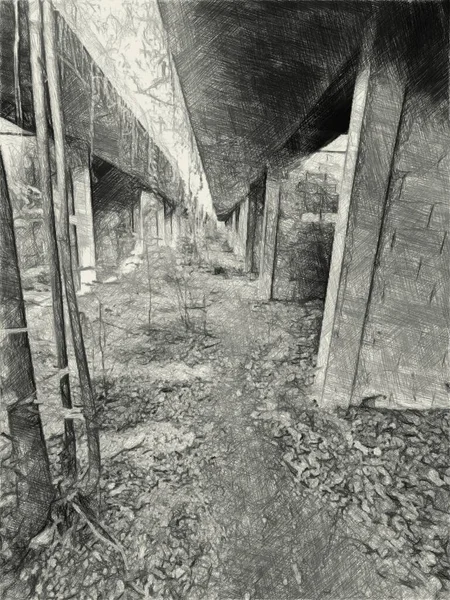 Arte Desenho Preto Branco Fundo Aldeia Abandonada — Fotografia de Stock