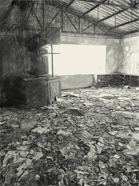 Τέχνη Σχέδιο Μαύρο Και Άσπρο Του Εγκαταλελειμμένου Σπιτιού — Φωτογραφία Αρχείου