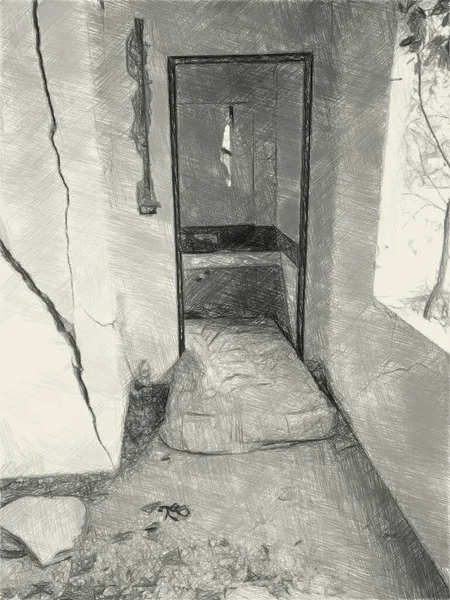 Художественный Рисунок Черно Белого Заброшенного Дома — стоковое фото