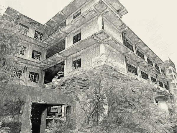 Dessin Art Noir Blanc Bâtiment Abandonné Dans Pays Thaïlande — Photo