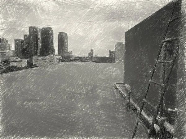 Şehir Manzarası Arkaplanının Siyah Beyaz Çizimi — Stok fotoğraf