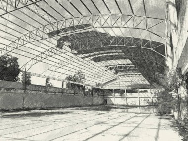 Terk edilmiş binanın siyah beyaz çizimi