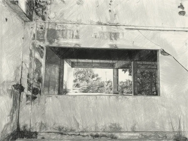 简朴建筑背景的黑白艺术绘画 — 图库照片