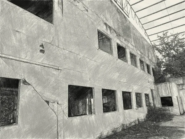 Dibujo Arte Blanco Negro Fondo Abandonado Del Edificio — Foto de Stock