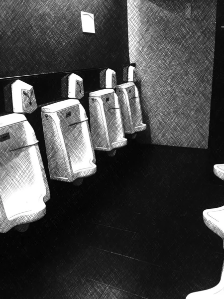 화장실에서 검은색 흰색의 소변기를 그리는 — 스톡 사진