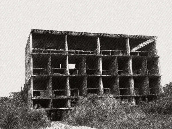 Kresba Černobílá Opuštěném Pozadí Budovy — Stock fotografie