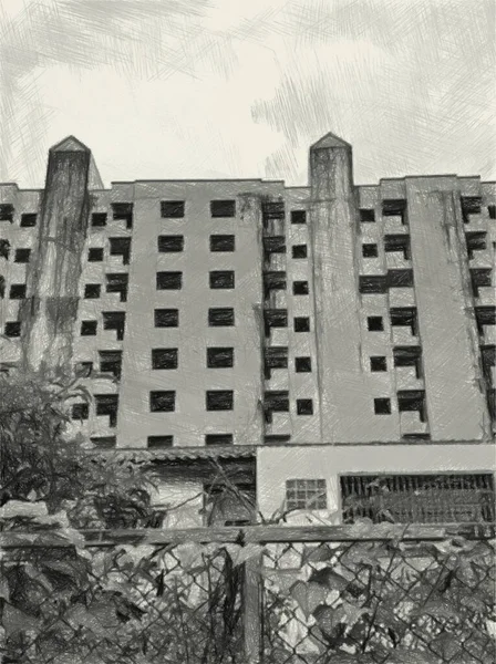 Dibujo Arte Blanco Negro Edificio Abandonado —  Fotos de Stock