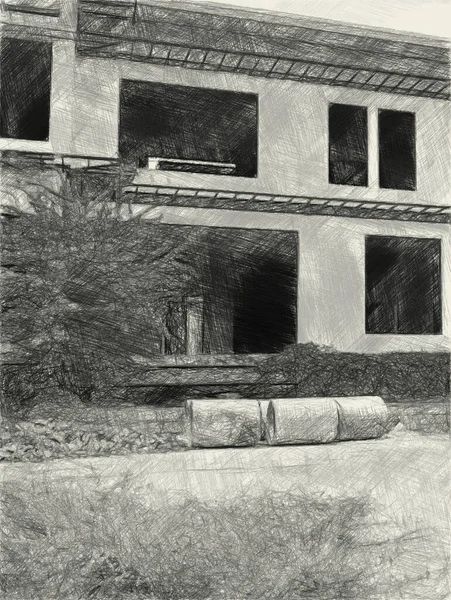 Arte Desenho Preto Branco Edifício Abandonado — Fotografia de Stock