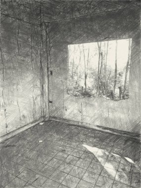 Terk edilmiş binanın siyah beyaz çizimi