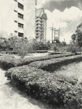 Sanat, doğa bahçesinin siyah beyaz resmini çiziyor.