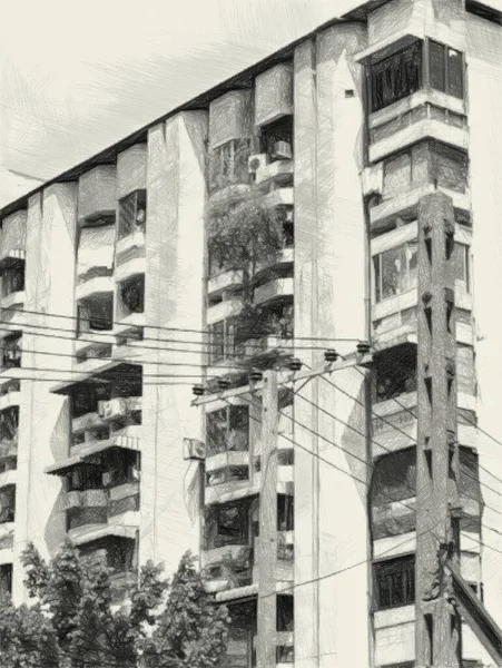 Dibujo Arte Blanco Negro Edificio Abandonado — Foto de Stock