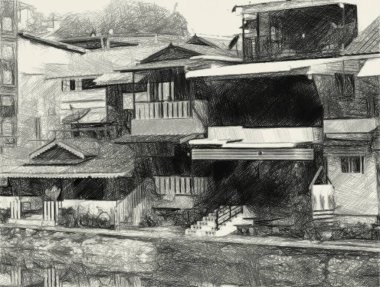 Kuzey Tayland 'daki köyün siyah beyaz resimleri.