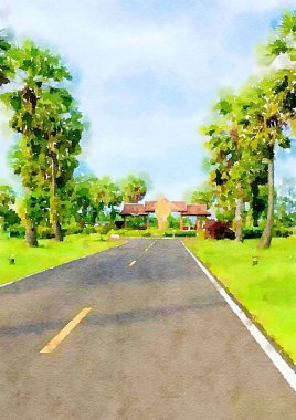 Doğa bahçesindeki yolun suluboya rengi