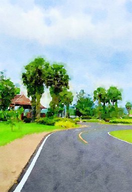 Doğa bahçesindeki yolun suluboya rengi