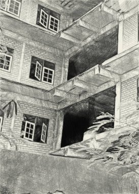 Terk edilmiş binanın siyah beyaz çizimi