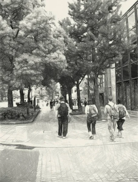 art drawing black and white of people in nature garden