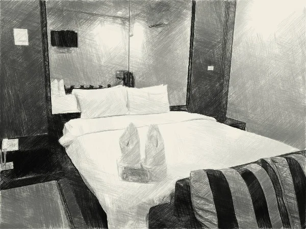 Sztuka Rysunek Czarno Biały Sypialni — Zdjęcie stockowe