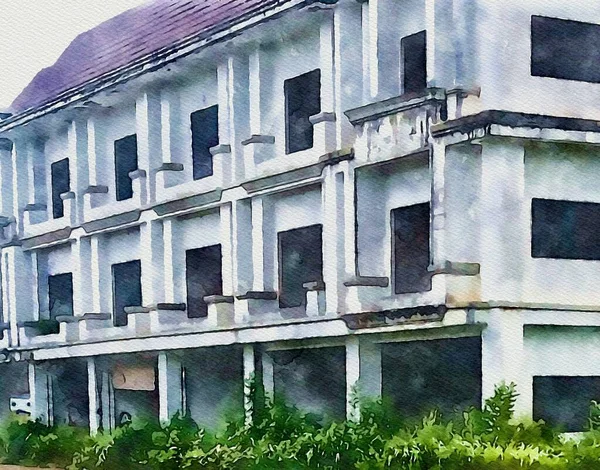 放棄された建物のアートドローイングの色 — ストック写真