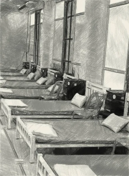 Художественный Черно Белый Рисунок Кровати Больнице — стоковое фото