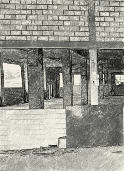 Τέχνη Σχέδιο Μαύρο Και Άσπρο Του Εγκαταλελειμμένου Κτιρίου — Φωτογραφία Αρχείου