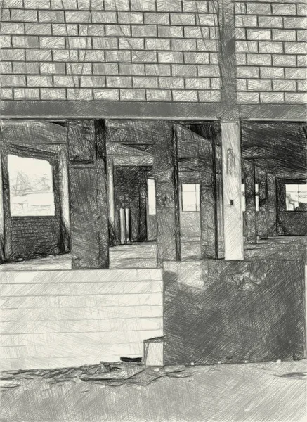 Kunst Tekening Zwart Wit Van Verlaten Gebouw — Stockfoto