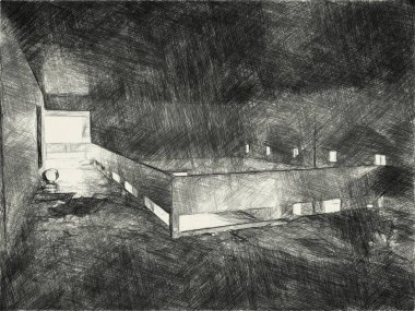 Terk edilmiş binanın siyah beyaz çizimi