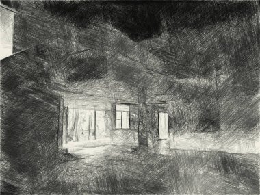 Terk edilmiş binanın siyah beyaz çizimi