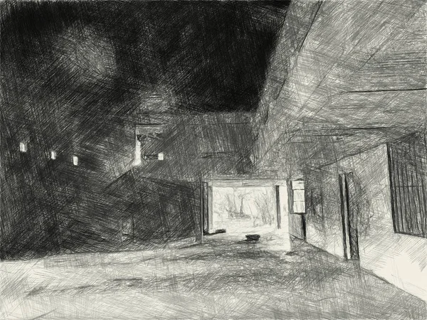 Sztuka Rysunek Czarno Biały Opuszczonego Budynku — Zdjęcie stockowe