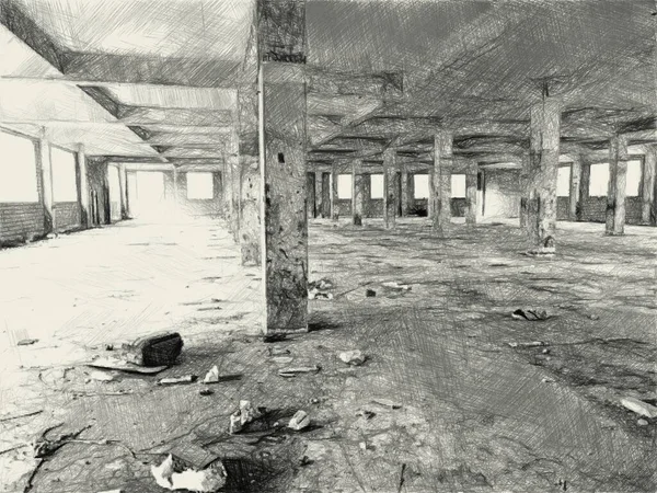 Art Drawing Black White Abandoned Building — Stock Photo, Image