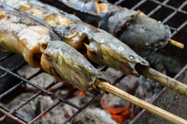 Yakından yayın balığı mangal kömürüyle kızartılır.