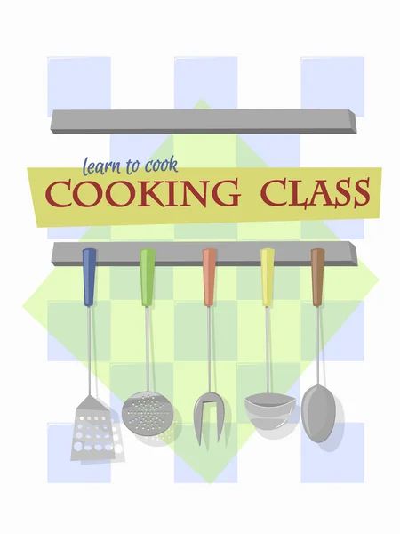 Cooking class. Kitchen utensils hanging on wall of traditional c — Stock Vector