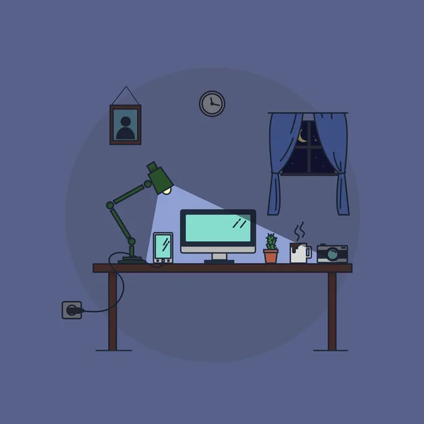 Trabajo desde casa, noche — Vector de stock