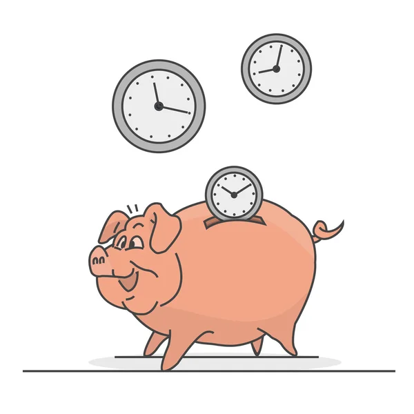 Ahorro de tiempo hecho con cerdo y relojes — Vector de stock