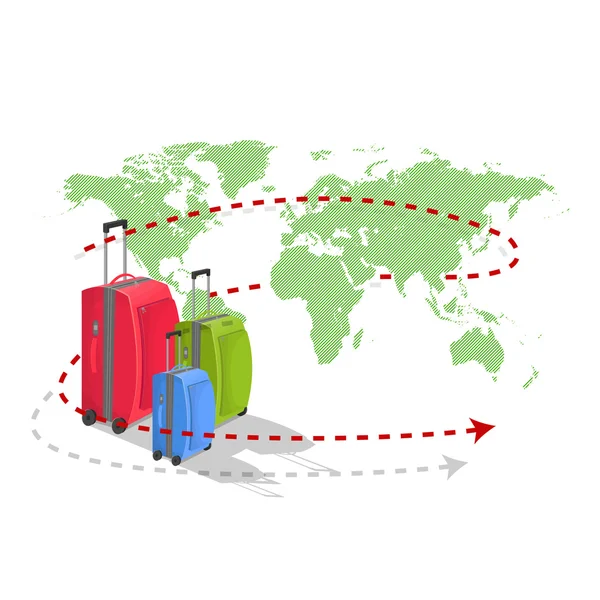 Кольорові валізи на карті світу — стоковий вектор