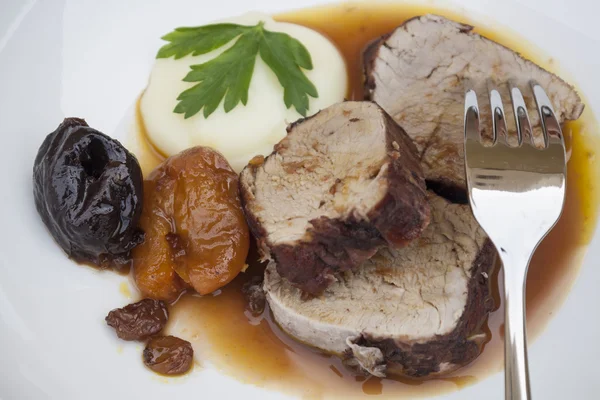 Pork fillet with sauce and potato puree — Stock Photo, Image