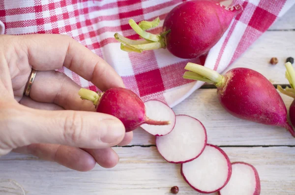 Radishes, hand holding a radish — Stock Photo, Image