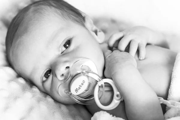 Newborn baby with pacifier — Stock Photo, Image