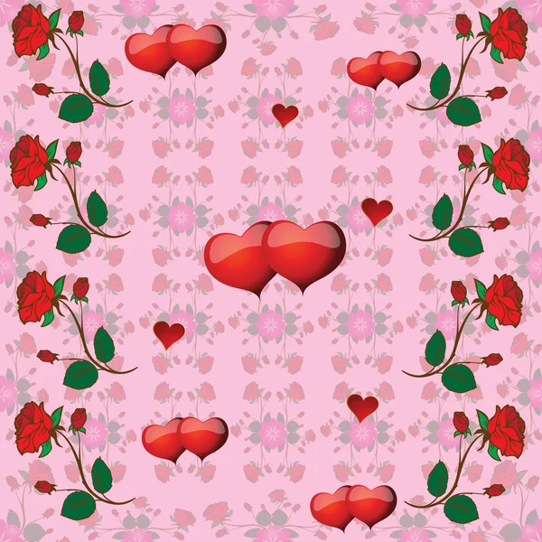 Seamless pattern with roses and hearts — Stock Vector