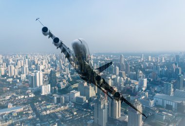 Çift pozlama uçak ve cityscape