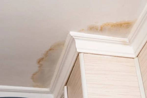 Neighbors Have Water Leak Water Damaged Ceiling Close Stain Ceiling — Stock Photo, Image