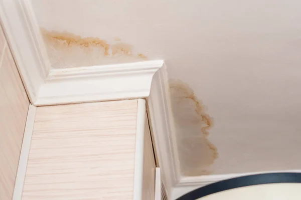 Neighbors Have Water Leak Water Damaged Ceiling Close Stain Ceiling — Stock Photo, Image